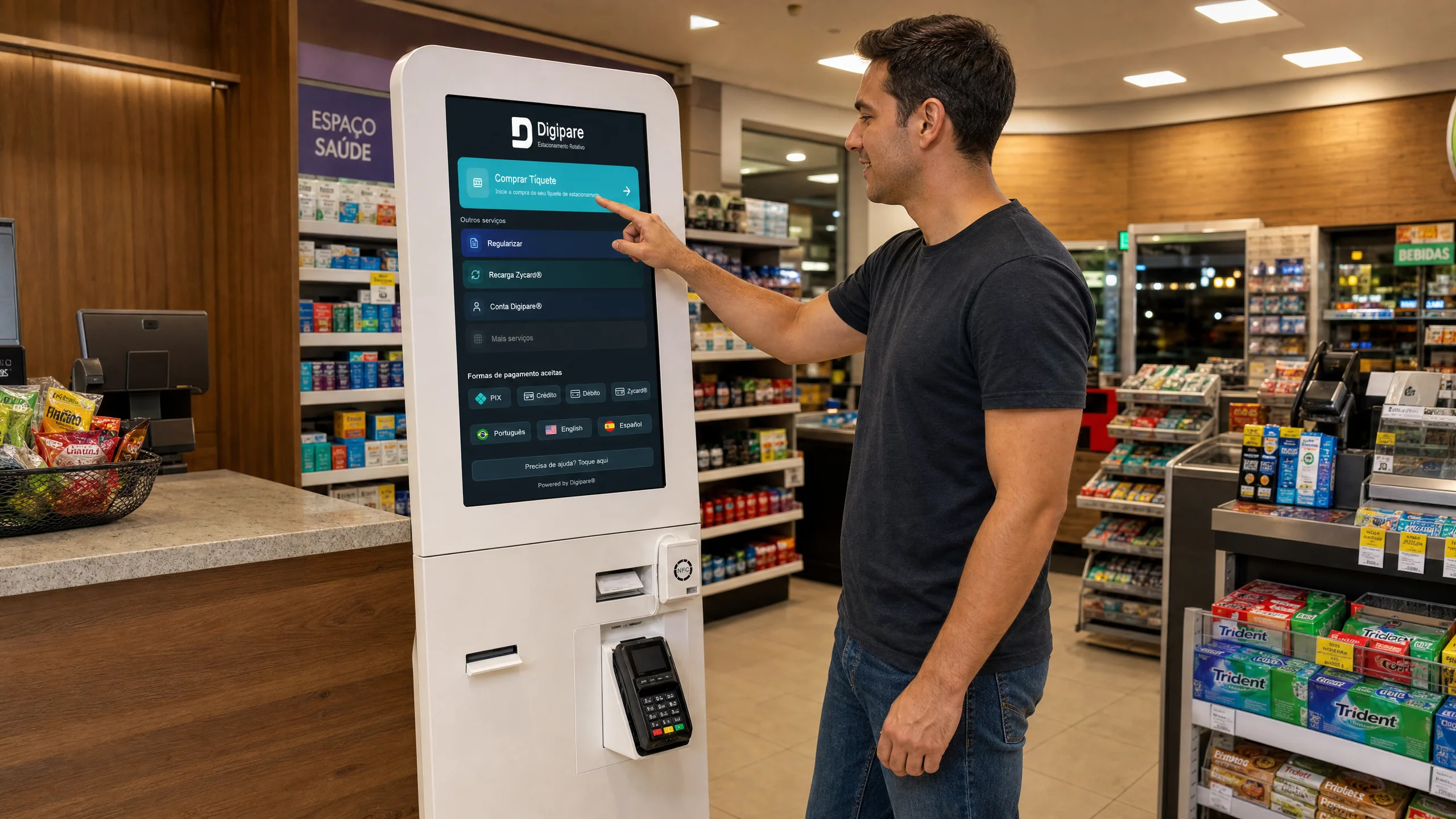 Totem Digipare de autoatendimento em loja de conveniência