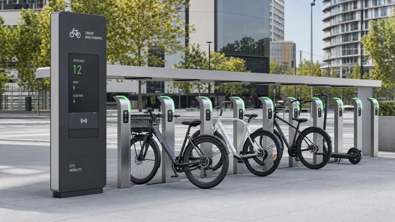 Estação inteligente Bikeep com bicicletas e patinetes estacionados em ambiente urbano