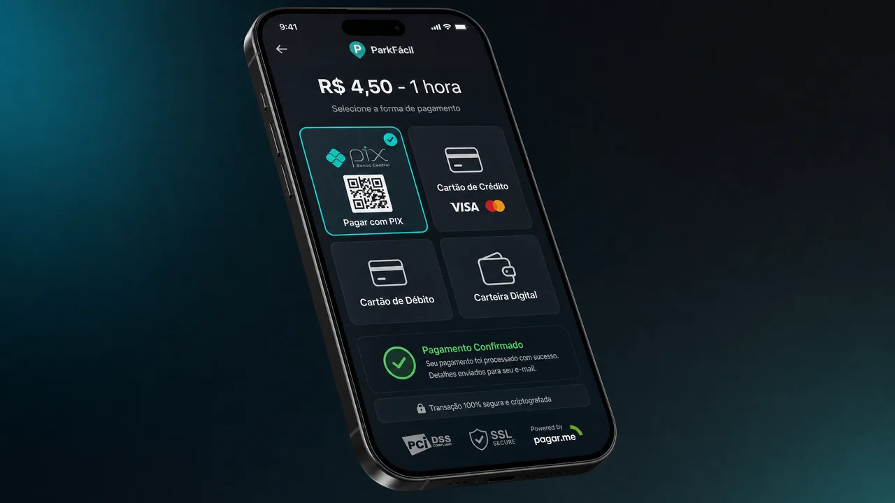 Tela de pagamento do Digipare com opções PIX, cartão de crédito, débito e carteira digital