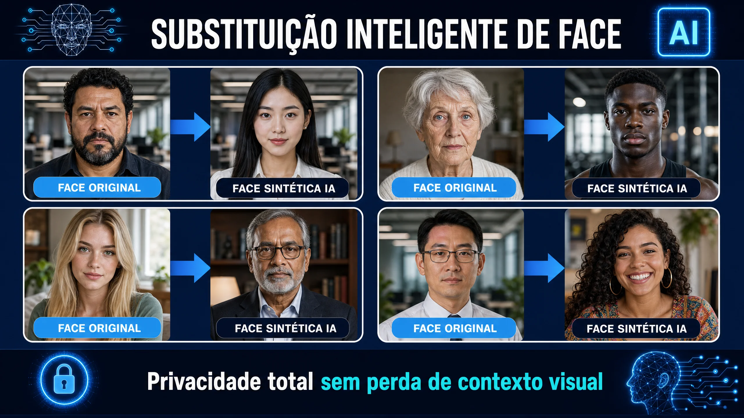 Anonimização facial com IA: substituição por face sintética para LGPD